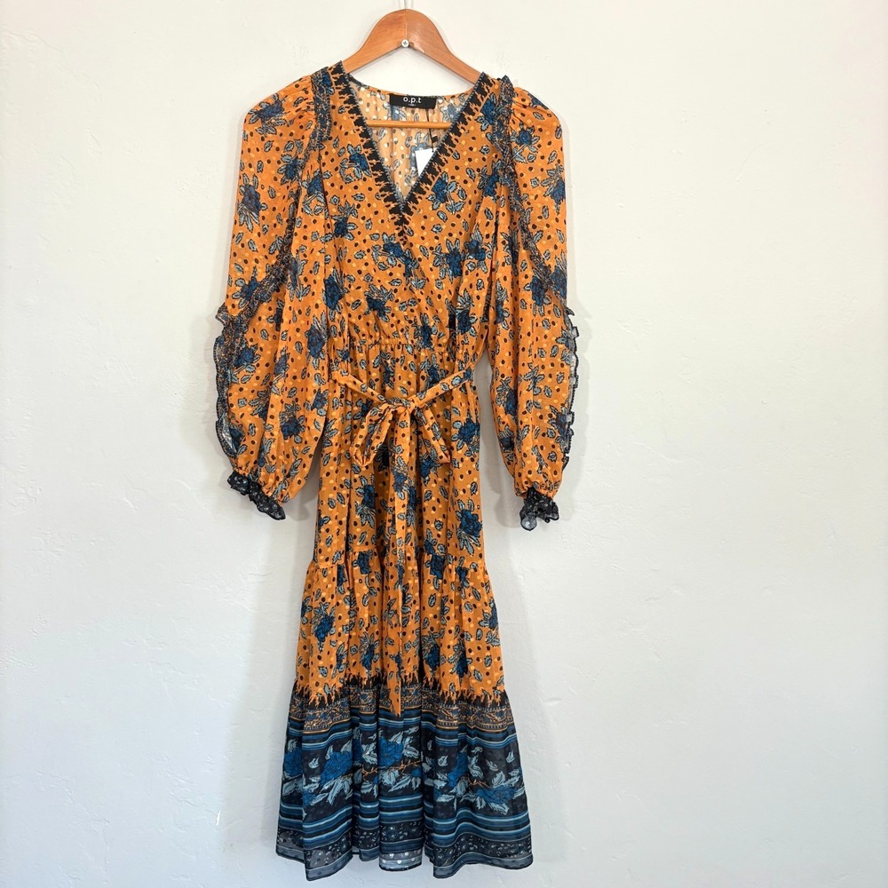 OPT One Pretty Time Floral Dress Women Size XS Yellow Blue Midi New
